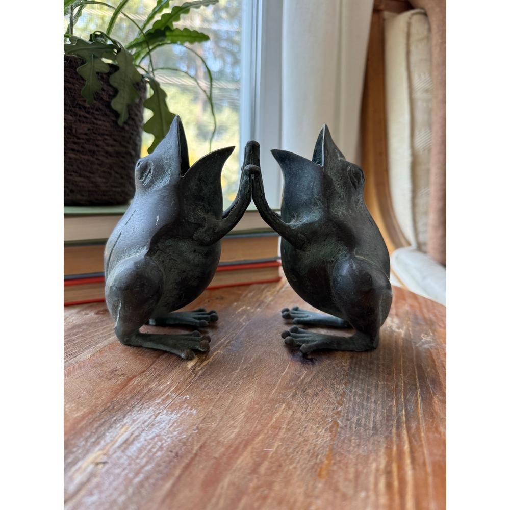 Vintage Bronze Singing Frogs Sculpture Verdigris Patina Garden Decor Planter 6in